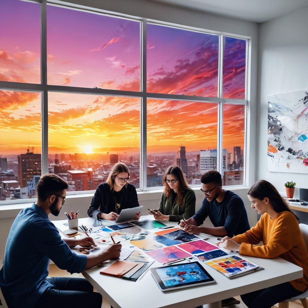 A vibrant and imaginative scene depicting a diverse group of designers collaborating on interactive projects, surrounded by inspiring artwork and colorful sketches. The atmosphere is lively and creative, with tools like tablets and paintbrushes scattered around, and a large window revealing a sunset that symbolizes inspiration. Abstract designs and interconnected patterns float around them, representing the fusion of art and technology. super-realistic. vibrant colors. white background.