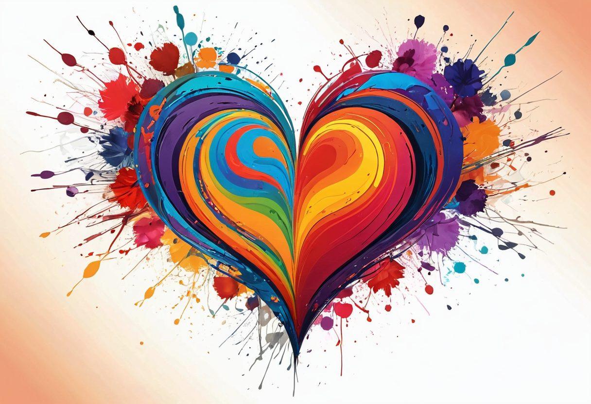 A vibrant tableau of a heart creatively intertwined with swirling paintbrush strokes and digital elements, depicting the essence of love and creativity. In the background, various media forms like digital screens, paint palettes, and artistic sketches float harmoniously. Use warm hues to evoke passion and inspiration, and include abstract shapes representing ideas blooming. super-realistic. vibrant colors. detailed textures.