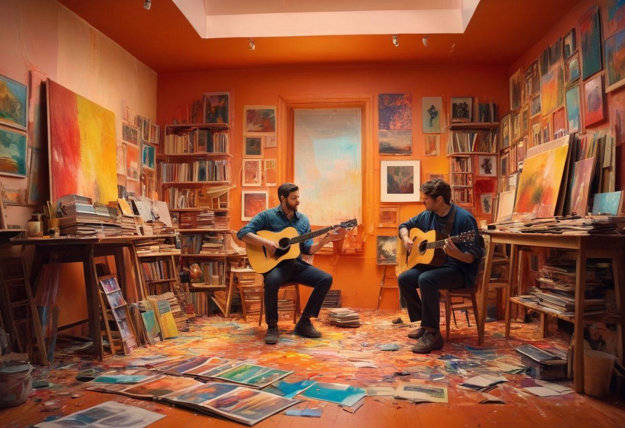 A captivating scene of a painter and a filmmaker collaborating in a colorful studio, surrounded by vibrant canvases and film reels, with splashes of paint and film strips intertwining. The background features abstract representations of storytelling elements like books and guitars. Soft, warm lighting to evoke a sense of passion and creativity. super-realistic. vibrant colors. warm tones.